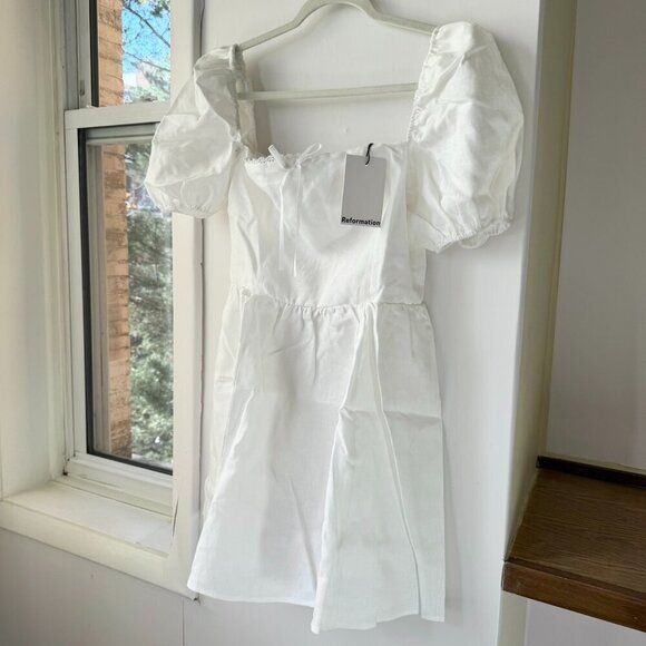 NWT Reformation Malvina Linen Puff-Sleeve Mini Dress White 10 - Picture 5 of 12